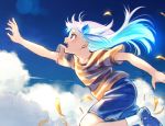  1girl blue_hair blue_sky cloud commentary_request cosplay hair_ornament highres lize_helesta mother_(game) mother_3 multicolored_hair ness ness_(cosplay) nijisanji petals reaching running sakino_shingetsu shirt shoes short_sleeves shorts sky socks solo striped striped_shirt t-shirt tears two-tone_hair virtual_youtuber white_hair white_legwear 