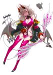  1girl absurdres arrow_(projectile) bow_(weapon) breasts covered_nipples demon_girl glasses grey_hair high_heels highres holding holding_bow_(weapon) holding_weapon horns kingdom_of_legion large_breasts long_hair midriff nail_polish navel pink_legwear pointy_ears red_eyes sarujie_(broken_monky) simple_background solo succubus thighhighs very_long_hair weapon white_background 