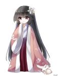  1girl artist_name black_hair brown_eyes bunny eyebrows_visible_through_hair floral_print flower flower_clothes flower_on_head hair_between_eyes highres hime_cut houraisan_kaguya japanese_clothes long_hair long_skirt long_sleeves pink_coat pudding_(skymint_028) red_skirt shirt signature simple_background skirt sleeves_past_fingers sleeves_past_wrists touhou very_long_hair white_background white_flower white_shirt wide_sleeves 