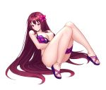  bikini breasts cleavage fate/grand_order fate_(series) feet flower hair_flower hair_intakes hair_ornament hibiscus highres large_breasts leg_garter long_hair pink_bikini purple_bikini purple_hair purple_sarong red_eyes sandals sarong scathach_(fate)_(all) scathach_(fate/grand_order) scathach_(swimsuit_assassin)_(fate) siun swimsuit swimsuit_of_perpetual_summer thighs 