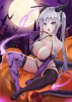  1girl bat bikini black_bikini breasts candy choker dragon_girl dragon_tail earrings elbow_gloves fang food full_moon gloves halloween heart heart_choker high_heels highres horns jack-o&#039;-lantern jewelry large_breasts lollipop long_hair looking_at_viewer miyuki_rei moon navel night original pointy_ears purple_eyes purple_gloves silver_hair solo swimsuit tail twintails very_long_hair 