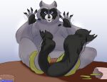  5_fingers 5_toes absurd_res anthro black_lips blue_eyes claws feet female female/female fingers food foot_focus fries hi_res humanoid_feet humanoid_hands lips male mammal nnightbear_b paws procyonid raccoon smile soles solo toes water 