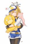  1girl baseball_cap belt blush brown_gloves choker closed_eyes closed_mouth cowboy_shot fingerless_gloves gen_1_pokemon gloves grey_background hat heart highres hug kippu leaf leaf_on_head magnemite on_shoulder pantyhose pokemon pokemon_(creature) ponytail psyduck shorts signature simple_background slowpoke smile spoken_heart yellow_(pokemon) 