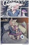  anthro arctic_fox bed bedroom bodily_fluids canid canine clothing comic cuddling duo fox furniture fuzzy genitals hi_res ill male male/male mammal moon mothandpodiatrist penis python reptile saliva scalie snake sneeze speech_bubble sweater tissue_box tissues topwear 