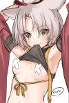  1girl animal_ears arms_up azur_lane black_eyes blush breasts detached_sleeves eyebrows_visible_through_hair grey_hair highres kippu lifted_by_self looking_at_viewer mouth_hold shikigami short_hair shouhou_(azur_lane) simple_background small_breasts solo sweat upper_body white_background wide_sleeves 