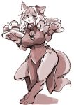  2020 anthro blush breasts cake canid canine clothed clothing dress female food fox holding_object kemono mammal monochrome setouchi_kurage simple_background solo teapot white_background 