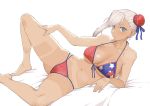  1girl american_flag_bikini asymmetrical_hair bangs bare_legs bikini bikini_tan blue_eyes breast_press breasts bun_cover cleavage commentary_request dark_skin fate/grand_order fate_(series) flag_print front-tie_top full_body hair_bun hair_ornament hair_ribbon hand_on_own_leg large_breasts long_hair looking_at_viewer lying miyamoto_musashi_(fate/grand_order) miyamoto_musashi_(swimsuit_berserker)_(fate) mo_(kireinamo) multicolored multicolored_clothes multicolored_swimsuit navel on_side pink_hair ponytail ribbon side_bun sideboob single_hair_intake solo spread_legs swept_bangs swimsuit tan tanline thighs underboob 