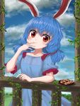  1girl animal_ears arm_rest arm_up blue_dress blue_hair blue_sky bunny_ears cloud collarbone dango day dress eyebrows_visible_through_hair food hand_on_own_face head_tilt highres holding_skewer ivy kayon_(touzoku) light_blush looking_at_viewer low_twintails outdoors plate puffy_short_sleeves puffy_sleeves railing red_eyes seiran_(touhou) short_hair short_sleeves sky smile solo symbol_commentary touhou twintails wagashi 