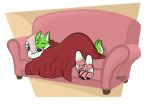  anthro black_nose brown_background butt_in_air canid canine claws eyes_closed fidget_(character) fox fur furniture green_body green_fur hi_res male male/male mammal pawpads pillow pillow_grab pillow_hug pink_couch pink_pawpads pink_paws red_blankets signature simple_background sleeping sofa solo strawbear tired white_background white_body white_fur 