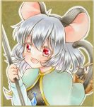  1girl amulet animal_ears arm_up basket black_shirt blue_capelet blush capelet commentary_request eyebrows_visible_through_hair graphite_(medium) hair_between_eyes highres holding_rod looking_at_viewer marker_(medium) medium_hair mouse mouse_ears mouse_girl mouse_tail nazrin nekofish666 open_mouth red_eyes shiny shiny_hair shirt silver_hair solo tail touhou traditional_media 