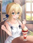  1girl absurdres ahoge alternate_costume arm_up artoria_pendragon_(all) bad_anatomy bare_arms bare_shoulders blonde_hair blue_ribbon blush braid breasts chair cleavage collarbone day dress eyebrows_visible_through_hair fate/stay_night fate_(series) food fruit green_eyes hair_ribbon harimoji highres holding holding_spoon ice indoors medium_breasts ribbon saber short_hair sitting smile solo spoon strawberry table white_dress 