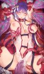  1girl absurdres armpits arms_up blush bound bound_arms breast_grab breasts breasts_outside cameltoe clenched_teeth commentary_request elbow_gloves fate/grand_order fate_(series) gloves grabbing greaves hair_ribbon highres large_breasts leotard long_hair nanahara_fuyuki navel nipples purple_eyes purple_hair red_gloves red_legwear restrained ribbon saint_martha sidelocks solo sweat teeth tentacles thighhighs 