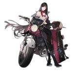  1girl alternate_costume ankle_boots arm_tattoo biker_clothes black_footwear black_hair black_jacket boots breasts cleavage closed_mouth cover eyewear_removed fake_cover full_body girls_frontline gloves ground_vehicle headwear_removed helmet helmet_removed jacket long_hair looking_at_viewer medium_breasts motor_vehicle motorcycle navel neck_ribbon nineo official_art open_clothes open_jacket pzb39_(girls_frontline) red_eyes red_neckwear red_ribbon ribbon smile solo standing star_(symbol) sunglasses sweat tattoo transparent_background very_long_hair zipper 
