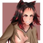  1girl angry animal_ears breasts cat_ears colored_tips fantasy gradient_hair large_breasts lightning long_hair messy_hair multicolored_hair original red_eyes rinko_riban solo upper_body 