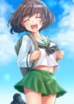  1girl :d ^_^ akiyama_yukari backpack bag black_footwear blue_sky brown_hair closed_eyes cloud commentary_request day eyebrows_visible_through_hair girls_und_panzer green_skirt happy highres kitayama_miuki long_sleeves midriff navel ooarai_school_uniform open_mouth school_uniform serafuku shoes short_hair skirt sky smile solo teeth upper_teeth 