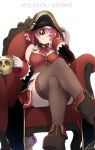  1girl arrow_through_heart bare_shoulders bicorne blush boots breasts cleavage eyepatch gloves hat highres hololive hololive_fantasy houshou_marine large_breasts long_sleeves nanahara_fuyuki pirate_hat red_eyes red_hair thighhighs virtual_youtuber 