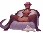  1girl bean_bag_chair blush breasts bulge commentary covered_nipples criss-cross_halter dark_skin dragon_girl dragon_horns dragon_tail elleda_salfor english_commentary eyebrows_visible_through_hair faustsketcher fewer_digits full_body halterneck horns implied_futanari licking_lips lips long_hair looking_at_viewer medium_breasts naughty_face navel original pink_eyes pink_hair pointy_ears raised_eyebrow scales shorts sitting solo sweat tail tongue tongue_out 