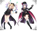  2girls alternate_costume arm_up armband bat_wings belt black_footwear black_gloves black_headwear black_jacket black_shirt black_skirt blonde_hair boots collarbone commentary_request cross cross_necklace fang flandre_scarlet frilled_skirt frills full_body fur-trimmed_jacket fur_trim gloves hat hat_ribbon high_heel_boots high_heels highres jacket jewelry knee_boots looking_at_viewer microphone microphone_stand miniskirt multiple_girls necklace off_shoulder open_clothes open_jacket open_mouth pointy_ears purple_hair red_eyes remilia_scarlet ribbon shiki_(s1k1xxx) shirt short_sleeves siblings simple_background sisters skirt touhou v-neck white_background wings 