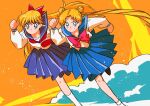  2girls aino_minako bangs bishoujo_senshi_sailor_moon blonde_hair blue_sailor_collar blue_skirt bow closed_mouth double_bun eyebrows_visible_through_hair floating_hair hair_bow juuban_middle_school_uniform kneehighs leg_up long_hair long_sleeves multiple_girls murimajimuri orange_background parted_bangs pleated_skirt red_bow running sailor_collar school_uniform serafuku shirt skirt tsukino_usagi twintails very_long_hair white_legwear white_shirt 