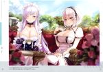  2girls ;) absurdres azur_lane belfast_(azur_lane) blue_eyes blue_sky blurry braid breasts chain choker cleavage closed_mouth cloud collar collarbone cup day depth_of_field dress gauntlets gloves hairband hand_up highres holding holding_cup huge_filesize large_breasts long_hair looking_at_another maid maid_headdress mery_(apfl0515) multiple_girls one_eye_closed outdoors parted_lips puffy_short_sleeves puffy_sleeves red_eyes short_hair short_sleeves sidelocks silver_hair sirius_(azur_lane) sitting sky smile teacup turret underbust white_dress white_gloves white_hair wrist_cuffs 