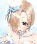  1girl applepie_(12711019) bare_shoulders blonde_hair blue_bow blush bow breasts brown_eyes cleavage detached_sleeves ear_piercing earrings from_above hair_ornament hair_over_one_eye highres idolmaster idolmaster_cinderella_girls idolmaster_cinderella_girls_starlight_stage jewelry looking_at_viewer nail_polish necklace open_mouth pearl_necklace piercing shirasaka_koume smile snow snowflake_hair_ornament snowflake_print solo upper_body 