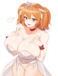  1girl :3 bangs blush breasts bridal_veil cerberus_(last_origin) choker cleavage dress eyebrows_visible_through_hair fang garter_straps hair_between_eyes heart highres huge_breasts jageungansik korean_commentary last_origin looking_at_viewer looking_up mole mole_under_eye open_mouth orange_hair panties skin_fang smile solo tiara twintails two_side_up underwear veil wedding_dress 