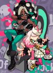  +_+ 2girls alex_ahad black_gloves black_hair black_shorts boots breasts brown_eyes cephalopod_eyes cleavage collared_vest commentary crown dress english_commentary fingerless_gloves full_body gloves green_eyes green_hair green_legwear green_nails highres hime_(splatoon) iida_(splatoon) long_hair medium_breasts microphone mole mole_under_mouth multiple_girls music nail_polish octarian pantyhose partially_unzipped pink_hair pink_legwear pink_pupils short_hair shorts singing splatoon_(series) splatoon_2 suction_cups tentacle_hair thick_eyebrows vest white_dress zipper_pull_tab 
