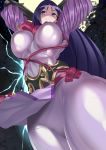  1girl absurdres arms_behind_head arms_up bangs black_gloves bodysuit breasts elbow_gloves fate/grand_order fate_(series) from_below full_moon gloves highres large_breasts latex_bodysuit lightning long_hair looking_at_viewer minamoto_no_raikou_(fate/grand_order) moon parted_bangs pelvic_curtain perspective purple_bodysuit purple_eyes purple_hair ribbed_sleeves rope shaded_face skin_tight smile thighs very_long_hair volyz 
