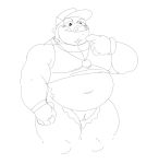  animal_genitalia anthro barawerewolf belly bottomless cloaca clothed clothing crocodile crocodilian crocodylid fupa genitals hi_res makara male monochrome musclegut navel overweight overweight_male reptile scalie scar simple_background sketch solo tokyo_afterschool_summoners video_games visor_cap white_background 