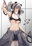  1girl :d absurdres animal animal_ears apple_box_(umruruu) arknights arm_up armpits bangs bare_arms bare_shoulders black_hair black_skirt blush breasts cleavage clothes_around_waist commentary cowboy_shot crop_top dual_wielding eyewear_on_head feater_(arknights) grey_background grey_jacket hair_between_eyes highres holding holding_sword holding_weapon jacket jacket_around_waist large_breasts looking_at_viewer midriff multicolored_hair navel open_mouth panda panda_ears red_eyes round_eyewear short_hair silver_hair skirt sleeveless smile standing stomach streaked_hair sunglasses sword twintails underboob weapon 
