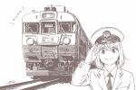  1girl brown_theme closed_mouth collared_shirt dated ground_vehicle hat horikou jacket kagamihara_nadeshiko long_sleeves looking_at_viewer medium_hair monochrome necktie peaked_cap railroad_tracks salute shirt signature smile solo train uniform white_background wing_collar yurucamp 