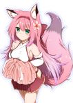  1girl animal_ear_fluff animal_ears armpit_crease azur_lane bangs bare_legs bare_shoulders blush breasts cheerleader collarbone commentary_request cowboy_shot crop_top elbow_gloves eyebrows_visible_through_hair flower fox_ears fox_girl fox_tail gloves gradient_hair green_eyes hair_between_eyes hair_flower hair_ornament hair_ribbon hanazuki_(azur_lane) hestia_(neko_itachi) hip_vent holding holding_pom_poms japanese_clothes kimono long_hair looking_at_viewer medium_breasts midriff miniskirt multicolored_hair outline pink_hair pink_ribbon pink_skirt pom_poms ribbon sidelocks simple_background skirt sleeveless sleeveless_kimono smile solo standing tail taut_clothes white_background white_gloves white_kimono 