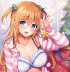  1girl arm_up bangs bench blonde_hair blue_eyes blurry blurry_background blush bra breasts cardigan cleavage collarbone commentary_request eyebrows_visible_through_hair hair_between_eyes holding_star indoors long_hair looking_at_viewer medium_breasts open_cardigan open_clothes open_mouth original sasachin_(k+w) sidelocks sitting solo striped_cardigan two_side_up underwear upper_body white_bra 