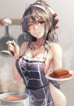  1girl adapted_costume apron ashigara_(kantai_collection) ass blush breasts brown_eyes brown_hair collarbone cowboy_shot curry curry_rice eyebrows_visible_through_hair fang food groin hair_between_eyes highres holding holding_ladle holding_plate kantai_collection kokuzou ladle large_breasts long_hair naked_apron one_eye_closed plate purple_apron rice smile solo tonkatsu 