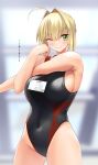  1girl ahoge bangs bare_shoulders black_swimsuit blonde_hair blush braid breasts closed_mouth covered_navel fate/extra fate_(series) french_braid gachou green_eyes hair_between_eyes hair_bun hair_intakes highleg highleg_swimsuit highres id_card lanyard large_breasts long_hair looking_at_viewer nero_claudius_(fate) nero_claudius_(fate)_(all) one-piece_swimsuit one_eye_closed red_swimsuit smile stretch swimsuit translation_request two-tone_swimsuit 