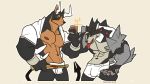  16:9 2020 absurd_res anthro biceps big_muscles black_body bulge canid canine clothed clothing digital_media_(artwork) duo fur hi_res holding_object holding_phone houndoom lemonliger male mammal muscular muscular_male mustelid nintendo nipples obstagoon open_mouth pecs phone pok&eacute;mon pok&eacute;mon_(species) simple_background standing teeth tongue tongue_out video_games widescreen 