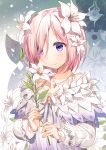  1girl craytm eyebrows_visible_through_hair fate/grand_order fate_(series) flower hair_flower hair_ornament hair_over_one_eye highres jewelry lily_(flower) looking_at_viewer mash_kyrielight necklace nlush pink_hair purple_eyes short_hair smile solo 