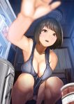  1girl armpits bangs bare_shoulders beer_can black_hair blush breasts brown_eyes calendar_(object) cameltoe can cleavage commentary curtains jar looking_at_viewer open_mouth original panties refrigerator short_hair sleeveless solo squatting tail teeth underwear urasuji_samurai white_panties 