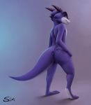  anthro butt female hi_res horn kobold light lighting nude purple_body s1m simple_background solo standing 