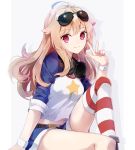  1girl aa_(sin2324) ahoge arm_support azur_lane bangs blue_shorts breasts closed_mouth columbia_(azur_lane) commentary_request drop_shadow eyebrows_visible_through_hair eyewear_on_head feet_out_of_frame grey_background hand_up headphones headphones_around_neck highres knee_up light_brown_hair long_hair looking_at_viewer medium_breasts midriff print_shirt purple_eyes raglan_sleeves shirt short_shorts shorts single_thighhigh sitting smile solo star_(symbol) star_print striped striped_legwear sunglasses thighhighs two-tone_background w white_background white_shirt 