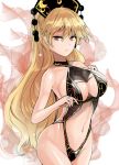  1girl aura bangs bare_arms bare_shoulders black_swimsuit blonde_hair breasts commentary_request cowboy_shot eyebrows_visible_through_hair groin hair_between_eyes headdress highres junko_(touhou) large_breasts long_hair looking_at_viewer navel one-piece_swimsuit parted_lips red_eyes revision simple_background solo stomach swimsuit touhou very_long_hair white_background y2 