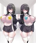  2girls absurdres areolae bangs black_jacket blush braid breasts collared_shirt dress_shirt eyebrows_visible_through_hair french_braid grey_hair grey_skirt hair_between_eyes hair_over_one_eye hairband heart_pasties highres huge_breasts jacket long_hair long_sleeves looking_at_viewer mitsudoue multiple_girls navel open_clothes open_jacket open_mouth open_shirt original pasties pleated_skirt school_uniform shiny shiny_skin shirt skirt thick_thighs thighhighs thighs white_hairband white_legwear yellow_eyes 