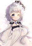  1girl ;) ahoge azur_lane bangs blue_eyes blush closed_mouth collarbone commentary_request dress eyebrows_visible_through_hair illustrious_(azur_lane) katsushika_pachi little_illustrious_(azur_lane) long_hair long_sleeves low_twintails one_eye_closed puffy_short_sleeves puffy_sleeves see-through see-through_sleeves short_sleeves silver_hair smile solo tilted_headwear twintails very_long_hair white_dress white_headwear 