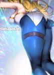  1girl animal_ears artoria_pendragon_(all) artoria_pendragon_(swimsuit_ruler)_(fate) ass blonde_hair blue_legwear breasts bunny_ears bunny_girl bunnysuit fate/grand_order fate_(series) highres large_breasts leotard long_hair nichigeckoh skindentation solo thigh_strap white_leotard 