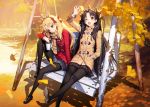  2girls autumn bench black_hair black_legwear blonde_hair bow chain ereshkigal_(fate/grand_order) fate/grand_order fate_(series) full_body hair_bow holding holding_leaf ishtar_(fate)_(all) ishtar_(fate/grand_order) knee_up leaf long_hair long_sleeves looking_at_viewer mandrill multiple_girls one_eye_closed pantyhose plaid plaid_scarf pleated_skirt red_eyes scarf shadow shoes sitting skirt swing tree 