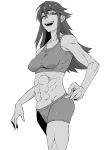  1girl :d abs absurdres black_hair breasts brown_eyes hair_between_eyes highres kantoqyoiko looking_at_viewer muscle muscular_female open_mouth original sharp_teeth short_shorts shorts sidelocks simple_background small_breasts smile spot_color standing teeth white_background 