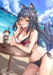  1girl animal_ear_fluff animal_ears arknights artist_name bangs bare_legs bare_shoulders beach bikini black_hair blue_sky blush breasts brown_eyes cleavage cloud commentary cowboy_shot day food food_in_mouth hair_between_eyes hand_up highres holding holding_spoon kouno_(uiyoyo199) long_hair looking_at_viewer medium_breasts mouth_hold pocky side-tie_bikini sky solo spoon stomach swimsuit symbol_commentary table tail texas_(arknights) thighs twitter_username water wolf_ears wolf_tail 