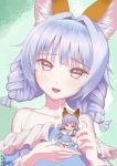  1girl :d animal_ear_fluff animal_ears artist_name bangs bare_shoulders blue_dress blue_hair brown_eyes collarbone commentary_request dress elin eyebrows_visible_through_hair frilled_dress frills hair_intakes hands_up head_tilt highres kumehara_chiyota long_sleeves looking_at_viewer off-shoulder_dress off_shoulder open_mouth signature smile solo tera_online upper_body 