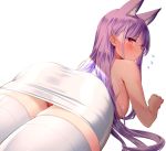  1girl animal_ear_fluff animal_ears ass blush breasts closed_mouth flying_sweatdrops fox_ears kamishiro_natsume large_breasts long_hair looking_at_viewer looking_back lying melty+ on_stomach panties purple_hair red_eyes red_panties sideboob simple_background skirt solo sweat thighhighs thighs topless underwear very_long_hair virtual_youtuber white_background white_skirt yasuyuki 