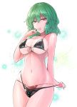  1girl bangs bare_arms bare_shoulders bikini black_bikini breasts commentary_request cowboy_shot eyebrows_visible_through_hair green_hair hair_between_eyes hand_up highres kazami_yuuka large_breasts looking_at_viewer navel parted_lips red_eyes short_hair solo standing stomach swimsuit thighs touhou white_background y2 